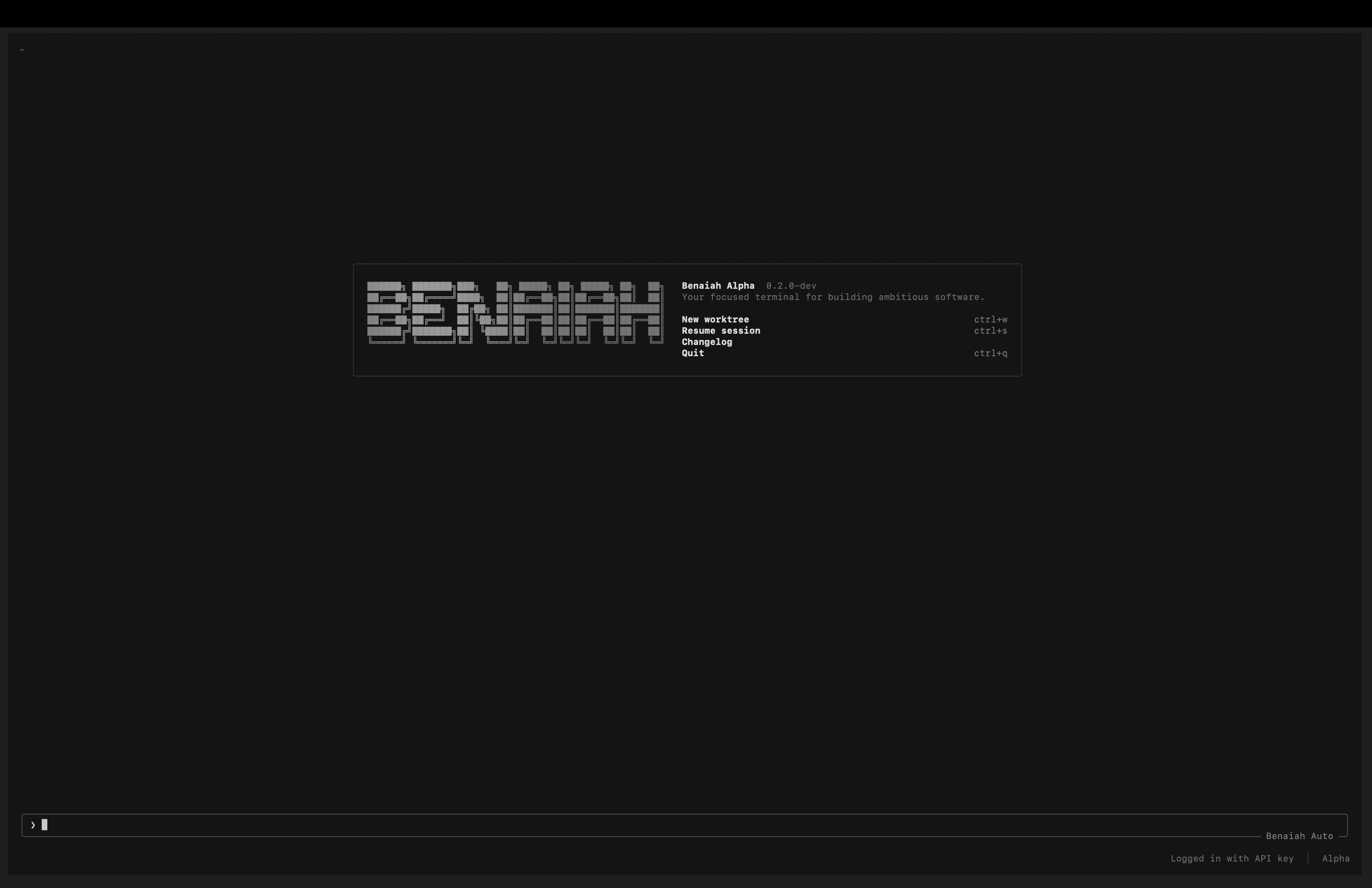 Desktop view of the installed Benaiah Alpha terminal interface with its worktree menu, command prompt, Benaiah Auto model and local API-key session.
