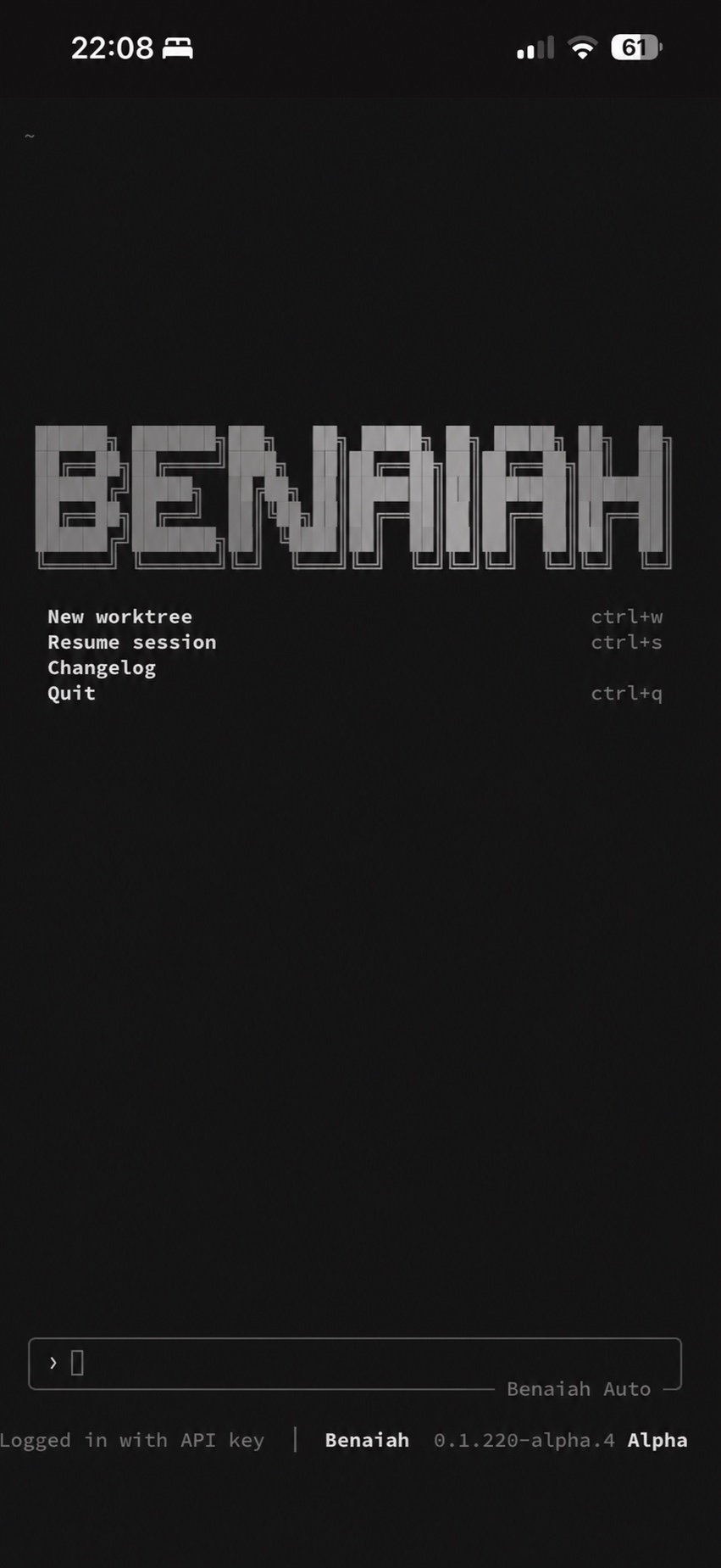 Mobile view of the live Benaiah terminal harness, showing its worktree menu, command prompt and Benaiah Auto model.
