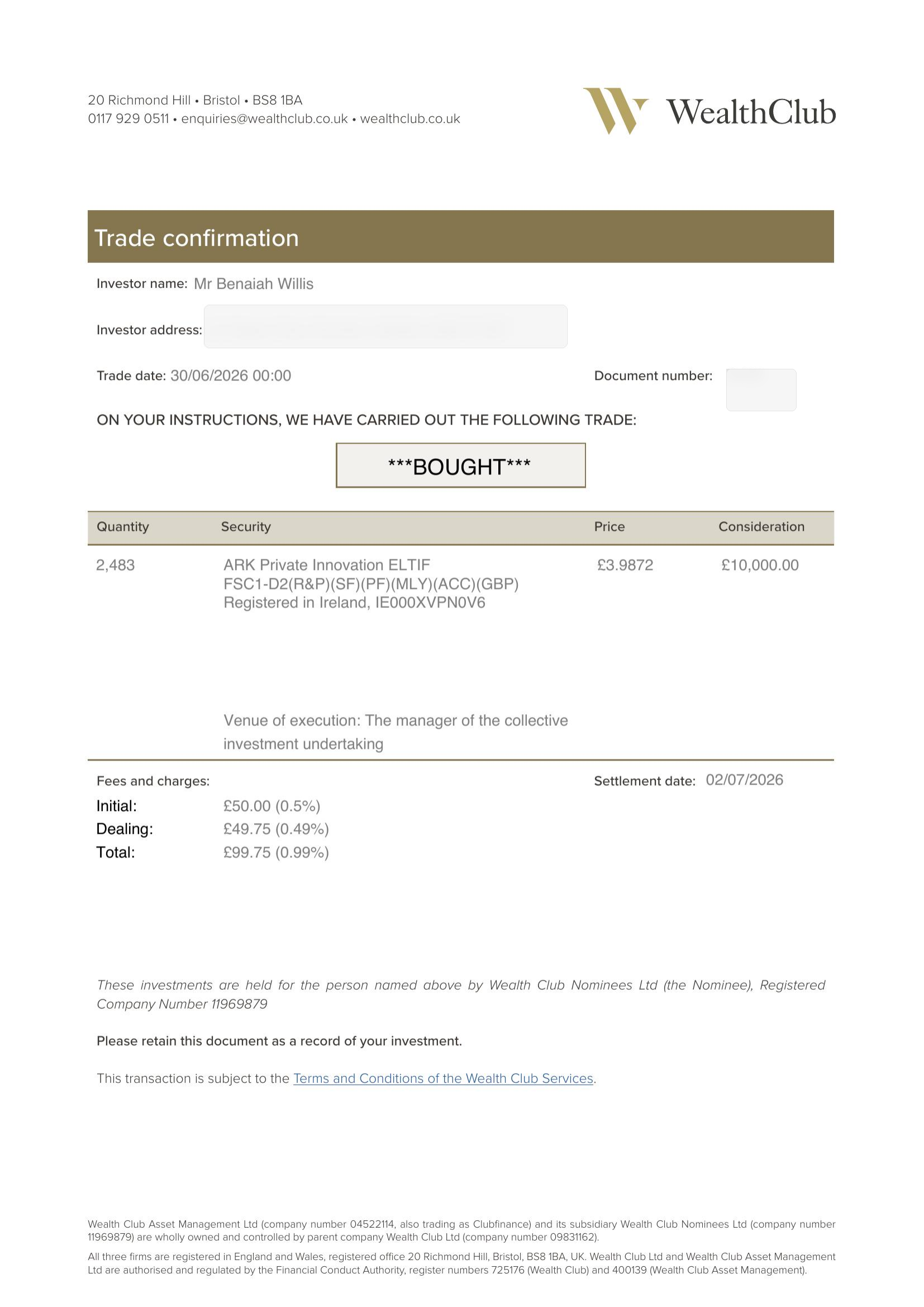 Redacted ARK Private Innovation ELTIF contract note showing the allotted £10,000 trade